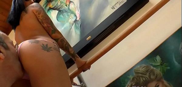  Inked babe gaping ass and drilling it deeply